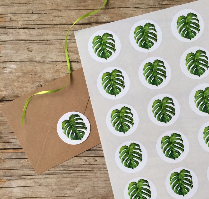 Monstera leaf sticker, sheet with 15 Stickers, plant design, green leaf, plant decor,DIY,gift wrapping, exotic leaf, tropical design print image 2