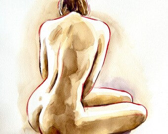 ORIGINAL gesture sketch artistic nude drawing, women  sitting,  Illustration, nu femme, drawing for bathroom, bedroom art, gift
