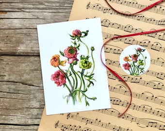 Handmade greeting card „Ranunculus“, greenery print, Flower design , holiday card set of 2: card & stiker, Easter card