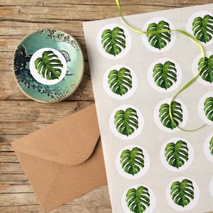 Monstera leaf sticker, sheet with 15 Stickers, plant design, green leaf, plant decor,DIY,gift wrapping, exotic leaf, tropical design print image 1