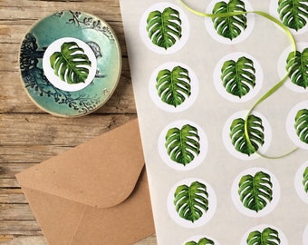 Monstera leaf sticker, sheet with 15 Stickers, plant design, green leaf, plant decor,DIY,gift wrapping, exotic leaf, tropical design print