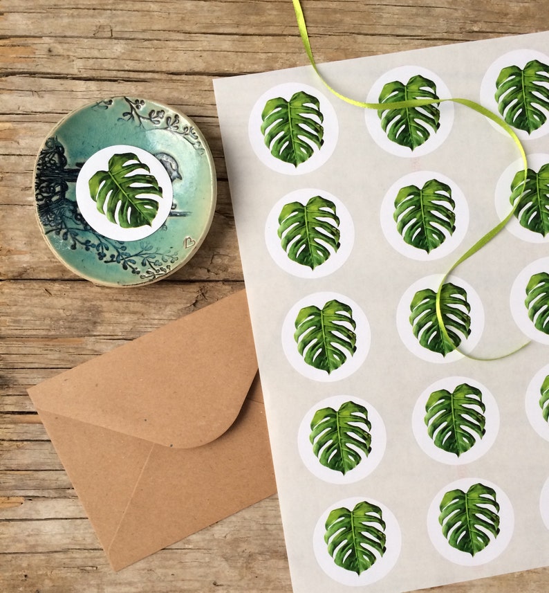 Monstera leaf sticker, sheet with 15 Stickers, plant design, green leaf, plant decor,DIY,gift wrapping, exotic leaf, tropical design print image 1