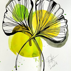 Ginkgo Blatt ORIGINAL Tusche und Aquarell Bild, Wandbild , Wanddekoration Bild 1