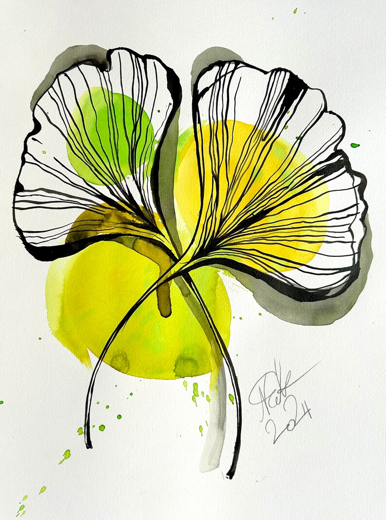 Ginkgo Blatt ORIGINAL Tusche und Aquarell Bild, Wandbild , Wanddekoration Bild 1