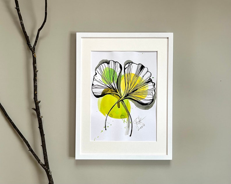 Ginkgo Blatt ORIGINAL Tusche und Aquarell Bild, Wandbild , Wanddekoration Bild 2