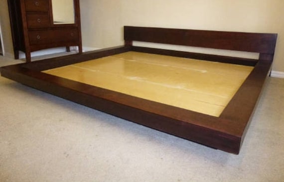 King Queen Real Walnut Asian Japanese Floating Style King Queen Real Walnut Asian Japanese, Solid Platform Bed King
