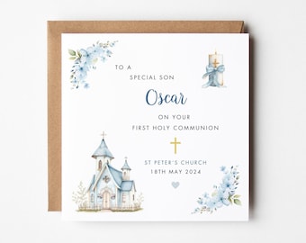 Personalised First Holy Communion Card For Son, 1st Holy Communion Card Godson Grandson Nephew, Blue Church Religious Card