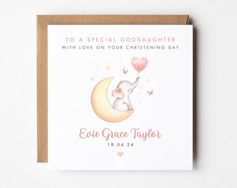 Personalised Christening Card For Goddaughter, Baptism Card For Daughter Granddaughter Niece, Naming Day, Dedication Day Pink Elephant