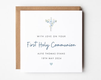 First Holy Communion Card, 1st Holy Communion Card Godson Son Grandson Nephew, Personalised Communion Card Boy, Blue Cross Religious Card