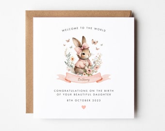 Baby Girl Card, Personalised Welcome To The World Card, Bunny Rabbit Baby Card, Pink New Baby Card, New Parents, New Born Daughter Niece