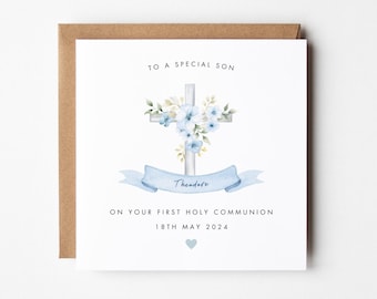 Personalised First Holy Communion Card For Son, 1st Holy Communion Card Godson Grandson Nephew, Blue Cross Religious Card Communion Gift