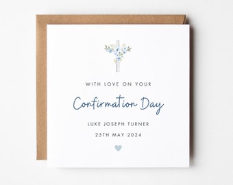 Carte de confirmation personnalisée, carte de confirmation pour garçons, filleul, petit-fils, neveu, cadeau de confirmation pour carte religieuse croix bleue pour lui