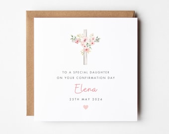 Personalised Confirmation Card For Daughter, Girls Confirmation Card, Goddaughter Granddaughter Niece, Pink Cross Religious Card