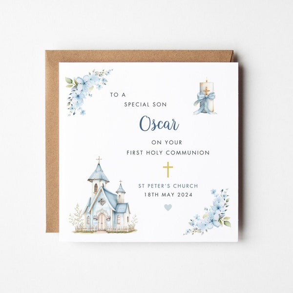 Personalised First Holy Communion Card For Son, 1st Holy Communion Card Godson Grandson Nephew, Blue Church Religious Card