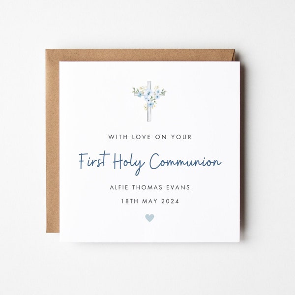 First Holy Communion Card, 1st Holy Communion Card Godson Son Grandson Nephew, Personalised Communion Card Boy, Blue Cross Religious Card