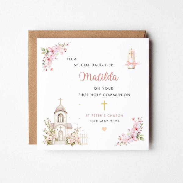 Personalised First Holy Communion Card For Daughter, 1st Holy Communion Card Goddaughter Granddaughter Niece, Pink Cross Religious Card