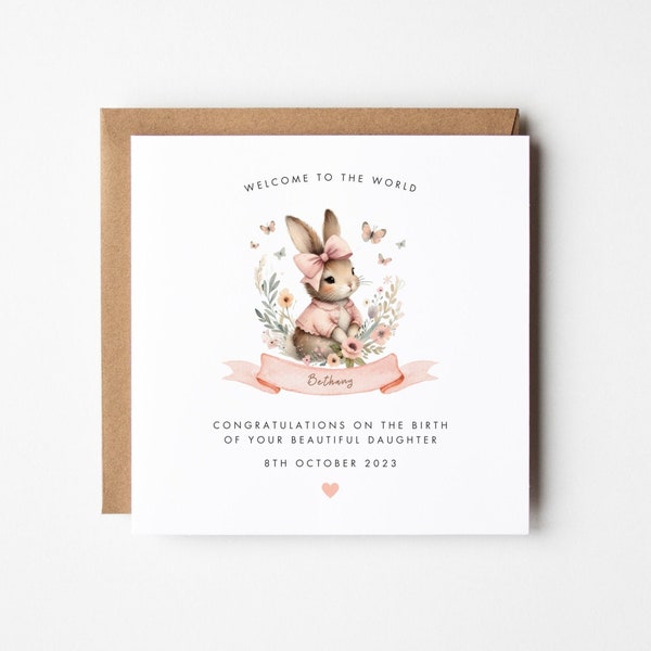 Carte de bébé fille, carte de bienvenue personnalisée, carte de bébé lapin, carte de bébé rose, nouveaux parents, fille nouveau-née nièce