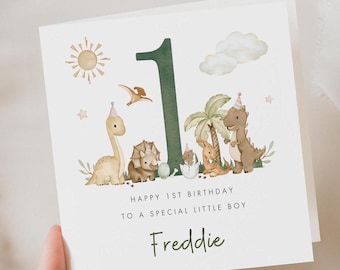 Personalised Dinosaur 1st Birthday Card For Son, Grandson Nephew Little Boy Godson, Green T-Rex First Birthday Card, Dino 1st Birthday Theme