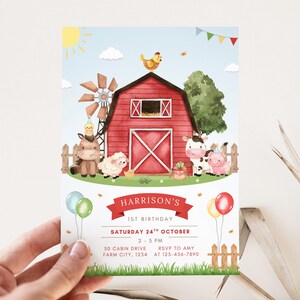 May include: A farm-themed birthday invitation featuring a red barn, windmill, and cartoon animals. The invitation includes the text "HARRISON'S 1ST BIRTHDAY" and event details. Balloons and a fence frame the bottom of the design.