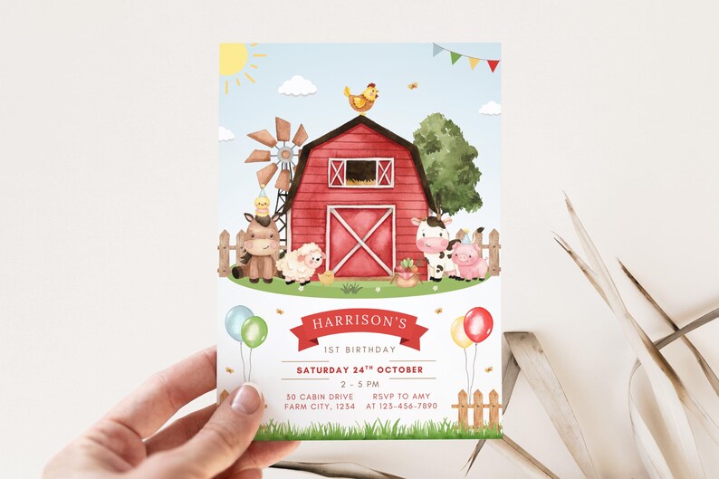 May include: A farm-themed birthday invitation featuring a red barn, windmill, and cartoon animals. The invitation includes the text "HARRISON'S 1ST BIRTHDAY" and event details. Balloons and a fence frame the bottom of the design.