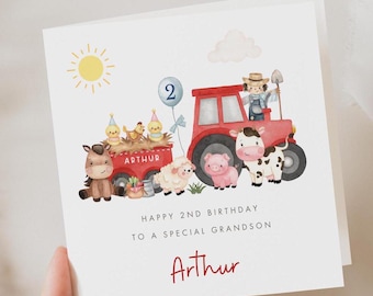 Personalised Farm Animals 2nd Birthday Card, Second Birthday Card For Son, Red Tractor Card Grandson Godson Nephew Boy, Farmyard Animals
