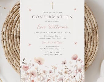 Wildflower Confirmation Invitation Template, Printable Floral Confirmation Invite Girl, Editable Pink Confirmation Invitation For Girls