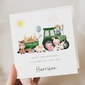 Personalised Farm Animals 2nd Birthday Card, Second Birthday Card For Son, Green Tractor Card Grandson Godson Nephew Boy, Farmyard Animals