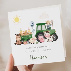 Personalised Farm Animals 2nd Birthday Card, Second Birthday Card For Son, Green Tractor Card Grandson Godson Nephew Boy, Farmyard Animals