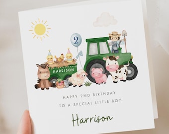 Personalised Farm Animals 2nd Birthday Card, Second Birthday Card For Son, Green Tractor Card Grandson Godson Nephew Boy, Farmyard Animals