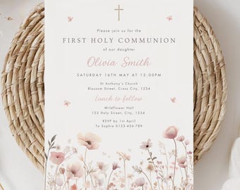 Modello di invito per la Prima Comunione con fiori di campo, invito per la Prima Comunione floreale stampabile per bambina, invito per la Prima Comunione rosa modificabile