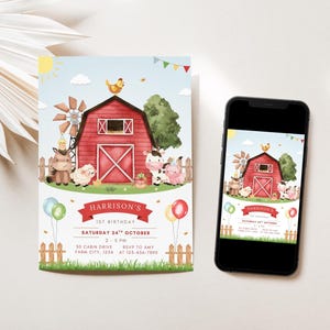 May include: A farm-themed birthday invitation with a red barn, windmill, and farm animals. The invitation includes the text "Harrison's 1st Birthday" with date, time, and location details. A smartphone displays the same design.