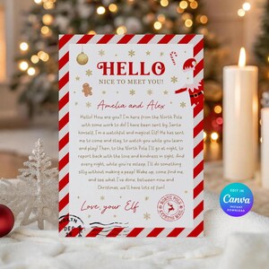 May include: A Christmas-themed card with a red and white striped border. The card features the text "HELLO NICE TO MEET YOU!" and a message from an elf to Amelia and Alex. Includes a North Pole Express Mail stamp and Canva logo.