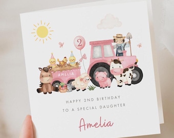 Personalised Farm Animals 2nd Birthday Card, Second Birthday Card For Daughter, Pink Tractor Card Granddaughter Goddaughter Niece Girl