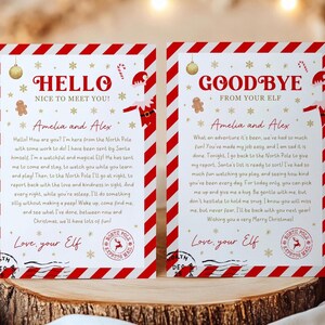 May include: Two Christmas cards with red and white striped borders. The left card says "Hello" and the right card says "Goodbye." Both cards feature text from "Amelia and Alex" and a North Pole stamp.
