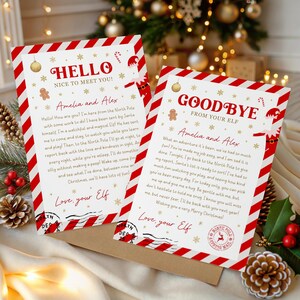 May include: Two Christmas-themed letters with red and white striped borders. The letters say "HELLO" and "GOODBYE" with text addressed to "Amelia and Alex" and signed "Love, your Elf". Festive illustrations include gingerbread men and candy canes.