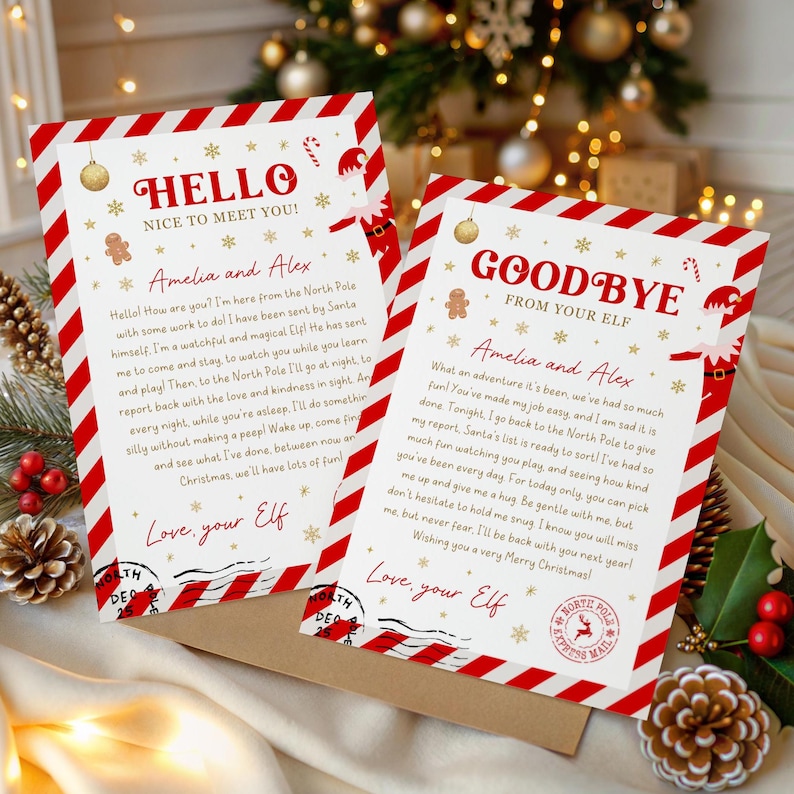 May include: Two Christmas-themed letters with red and white striped borders. The letters say "HELLO" and "GOODBYE" with text addressed to "Amelia and Alex" and signed "Love, your Elf". Festive illustrations include gingerbread men and candy canes.