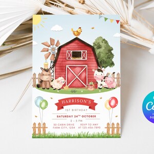 May include: A farm-themed birthday invitation featuring a red barn, windmill, and cartoon animals. The invitation includes the text "Harrison's 1st Birthday" and event details. Balloons and a Canva logo are also visible.