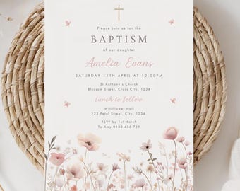 Wildflower Baptism Invitation Template, Printable Floral Christening Invite Girl, Editable Pink Baptism Invite, Printable Christening Invite
