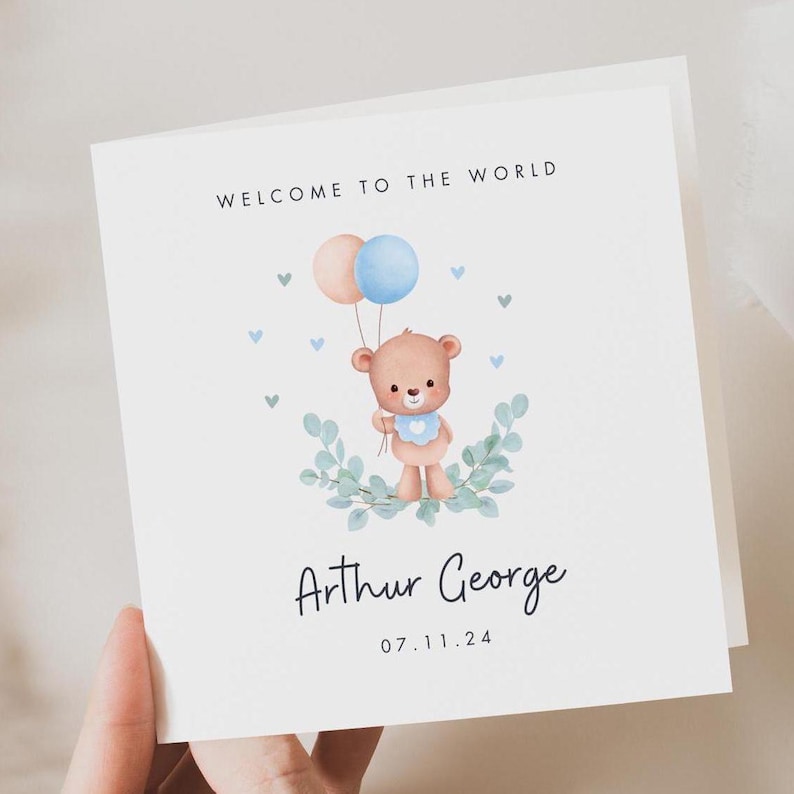 New Baby Boy Card, Personalised Welcome to the World Card, Baby Bear ...