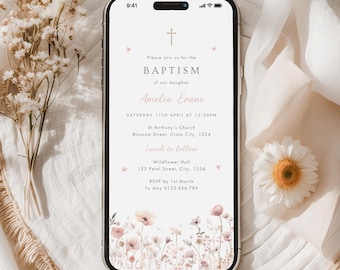 Digital Baptism Invitation Template, Electronic Wildflower Christening Invite, Editable Pink Baptism Invite, Smartphone Christening Invite