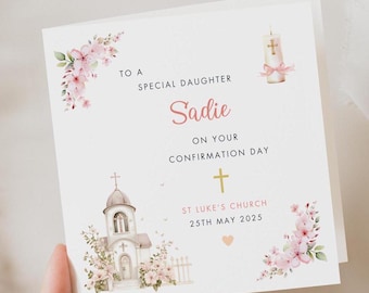 Personalised Confirmation Card For Daughter, Girls Confirmation Card, Goddaughter Granddaughter Niece, Pink Cross Religious Card