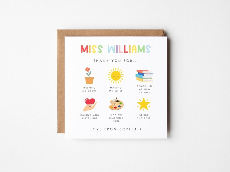 Personalised Teacher Thank You Card, Nursery Thank You Card, Rainbow Teacher Appreciation Card, End Of Term Gift, School Card For Teacher image 1