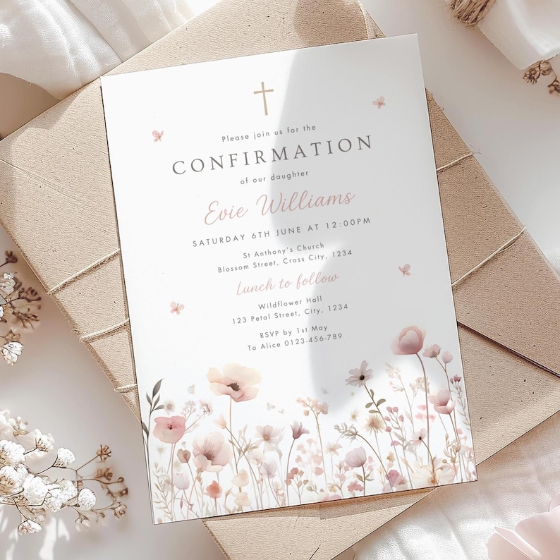 Wildflower Confirmation Invitation Template, Printable Floral ...