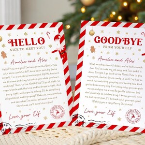 May include: Two Christmas-themed cards with red and white striped borders. One card says "HELLO" and the other says "GOODBYE". Both cards have text from an elf, with the names "Amelia and Alex". Festive illustrations include stars, gingerbread men, and candy canes.