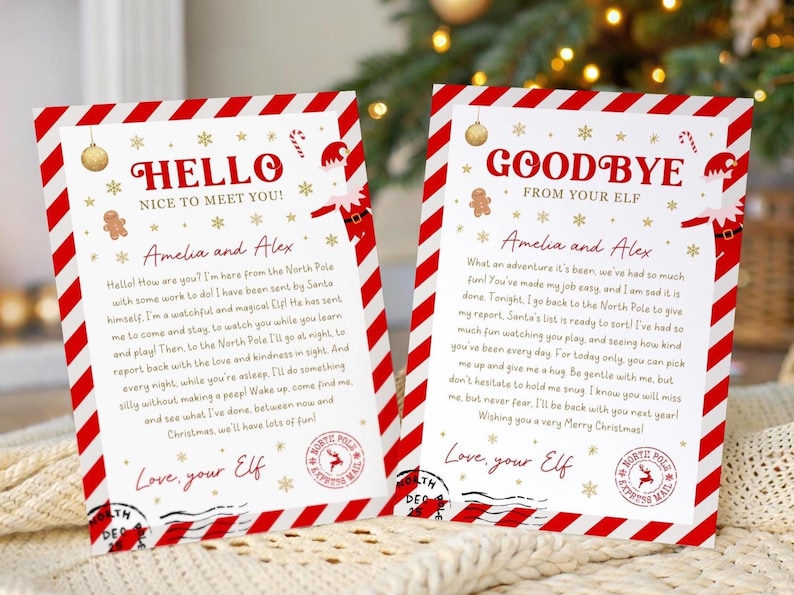 May include: Two Christmas-themed cards with red and white striped borders. One card says "HELLO" and the other says "GOODBYE". Both cards have text from an elf, with the names "Amelia and Alex". Festive illustrations include stars, gingerbread men, and candy canes.