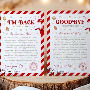 May include: Two Christmas cards with red and white striped borders and festive illustrations. The cards feature text that reads "I'm Back" and "Goodbye from your Elf," along with personalized messages and holiday-themed graphics.