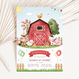 May include: A colorful farm-themed birthday invitation featuring a red barn, windmill, and various farm animals. The invitation includes the text "Harrison's 1st Birthday" and event details, with balloons and a fence.