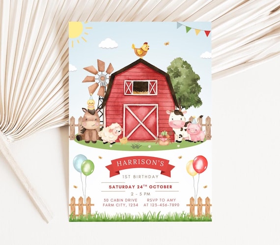 Farm Birthday Invitation, Red Farm Animals Party Invite, Ranch Kids Birthday Invitation, Editable Party Invite, Boys Barnyard Invitation
