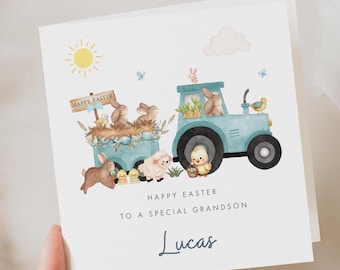 Personalised Blue Tractor Easter Card For Son, Farm Animals Easter Card For Kids, Grandson Nephew Godson Little Boy, Happy Easter Card