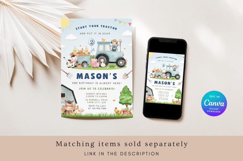 Personalised Farm Animals 2nd Birthday Card, Second Birthday Card For Son, Blue Tractor Card Grandson Godson Nephew Boy, Farmyard Animals image 3